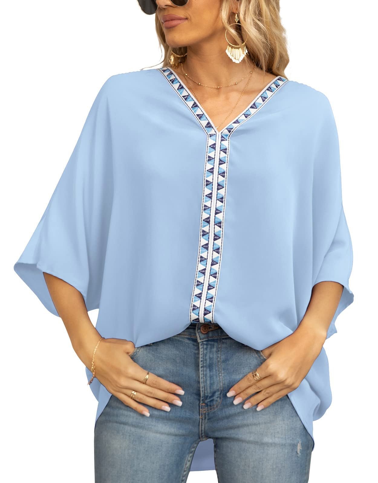 Effortless Embroidered Trim Blouse for Women with V Neck Batwing Sleeve High Low Bohemian Style