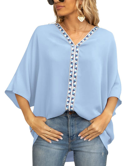 Effortless Embroidered Trim Blouse for Women with V Neck Batwing Sleeve High Low Bohemian Style