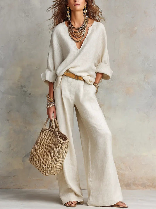 Effortless Linen Wide Leg Set for Women with V Neck Long Sleeve Wrap Front Relaxed Two Piece Style