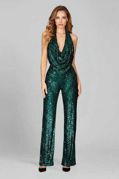 Elegant Sequin Jumpsuit for Women with Cowl Neck Halter Wide Leg Backless Formal Party Style