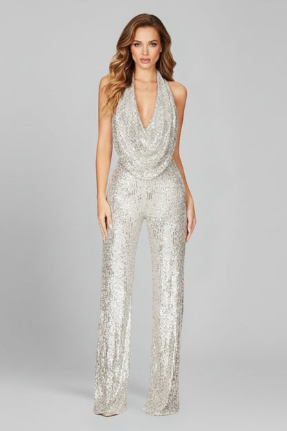 Elegant Sequin Jumpsuit for Women with Cowl Neck Halter Wide Leg Backless Formal Party Style