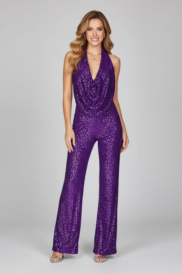 Elegant Sequin Jumpsuit for Women with Cowl Neck Halter Wide Leg Backless Formal Party Style
