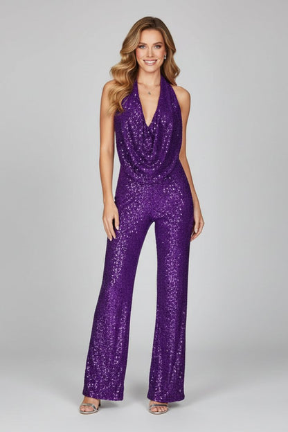 Elegant Sequin Jumpsuit for Women with Cowl Neck Halter Wide Leg Backless Formal Party Style
