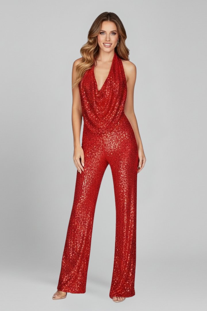 Elegant Sequin Jumpsuit for Women with Cowl Neck Halter Wide Leg Backless Formal Party Style