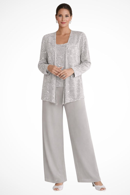 Elegant Sequin Three Piece Set for Women with Open Front Jacket Square Neck Cami Wide Leg Pant Formal Style
