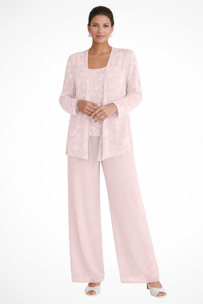 Elegant Sequin Three Piece Set for Women with Open Front Jacket Square Neck Cami Wide Leg Pant Formal Style