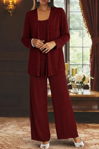 Elegant Sequin Three Piece Set for Women with Open Front Jacket Square Neck Cami Wide Leg Pant Formal Style
