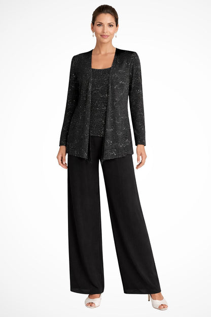 Elegant Sequin Three Piece Set for Women with Open Front Jacket Square Neck Cami Wide Leg Pant Formal Style