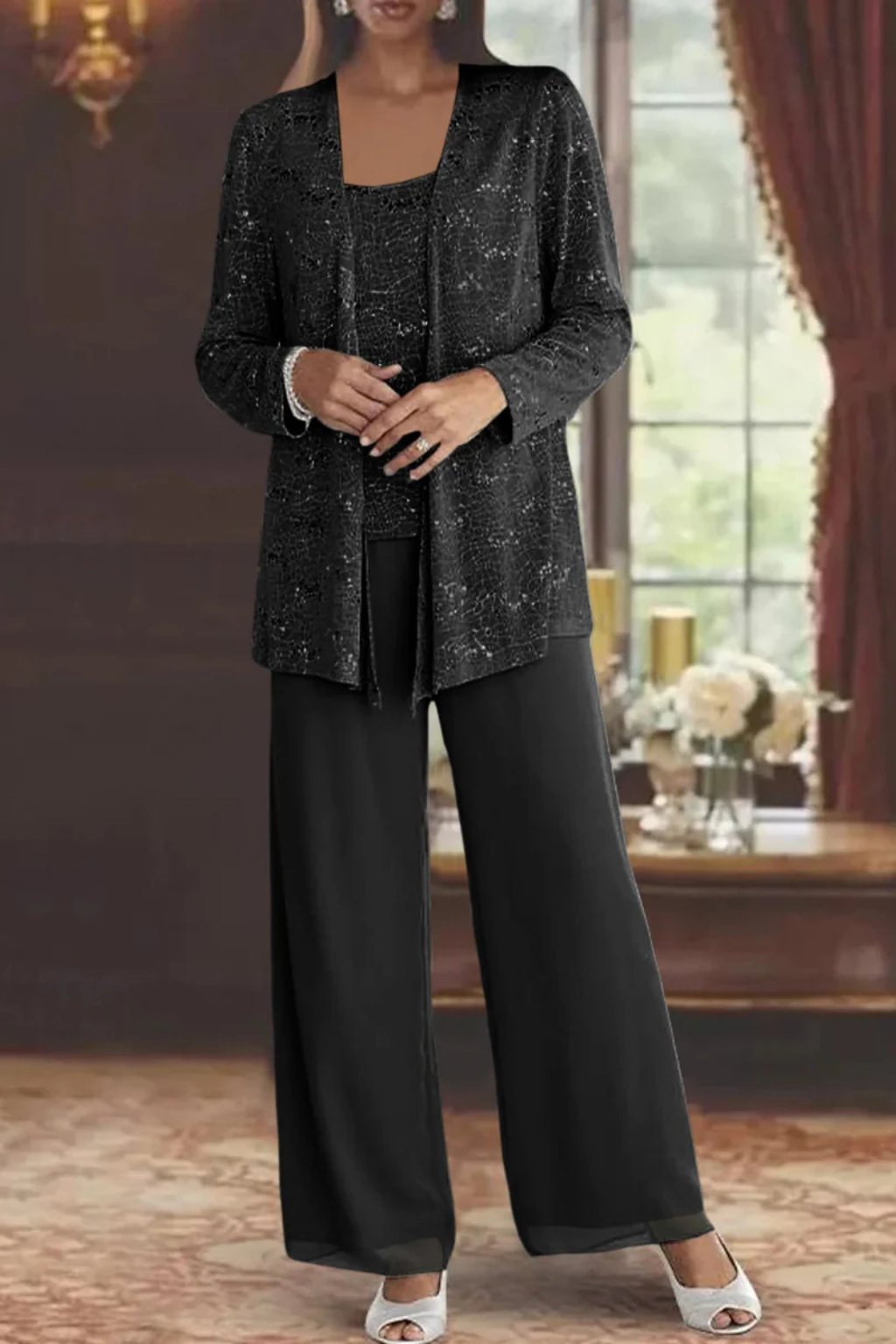 Elegant Sequin Three Piece Set for Women with Open Front Jacket Square Neck Cami Wide Leg Pant Formal Style
