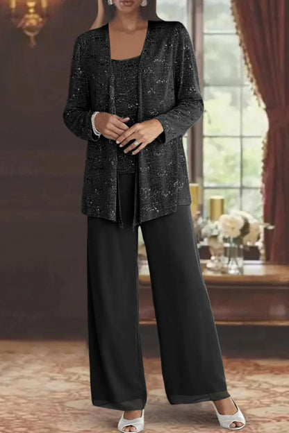 Elegant Sequin Three Piece Set for Women with Open Front Jacket Square Neck Cami Wide Leg Pant Formal Style