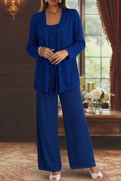 Elegant Sequin Three Piece Set for Women with Open Front Jacket Square Neck Cami Wide Leg Pant Formal Style
