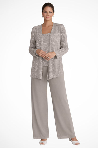 Elegant Sequin Three Piece Set for Women with Open Front Jacket Square Neck Cami Wide Leg Pant Formal Style