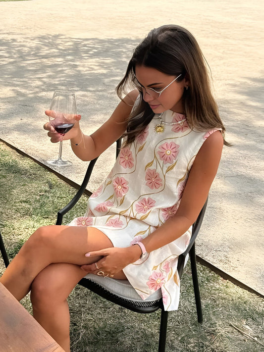 Effortless White Floral Linen Mini Dress for Women with Round Neck Sleeveless A Line Casual Style