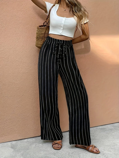 Effortless Striped Linen Wide Leg Pants for Women with High Waist Drawstring Relaxed Flowing Style