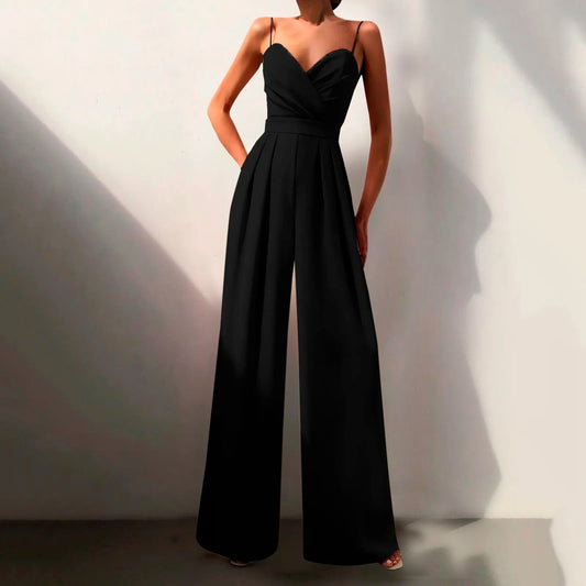 Elegant Wide Leg Jumpsuit for Women with Surplice V Neck Spaghetti Strap Pleated Formal Style