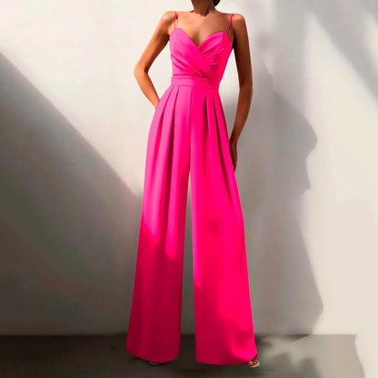 Elegant Wide Leg Jumpsuit for Women with Surplice V Neck Spaghetti Strap Pleated Formal Style