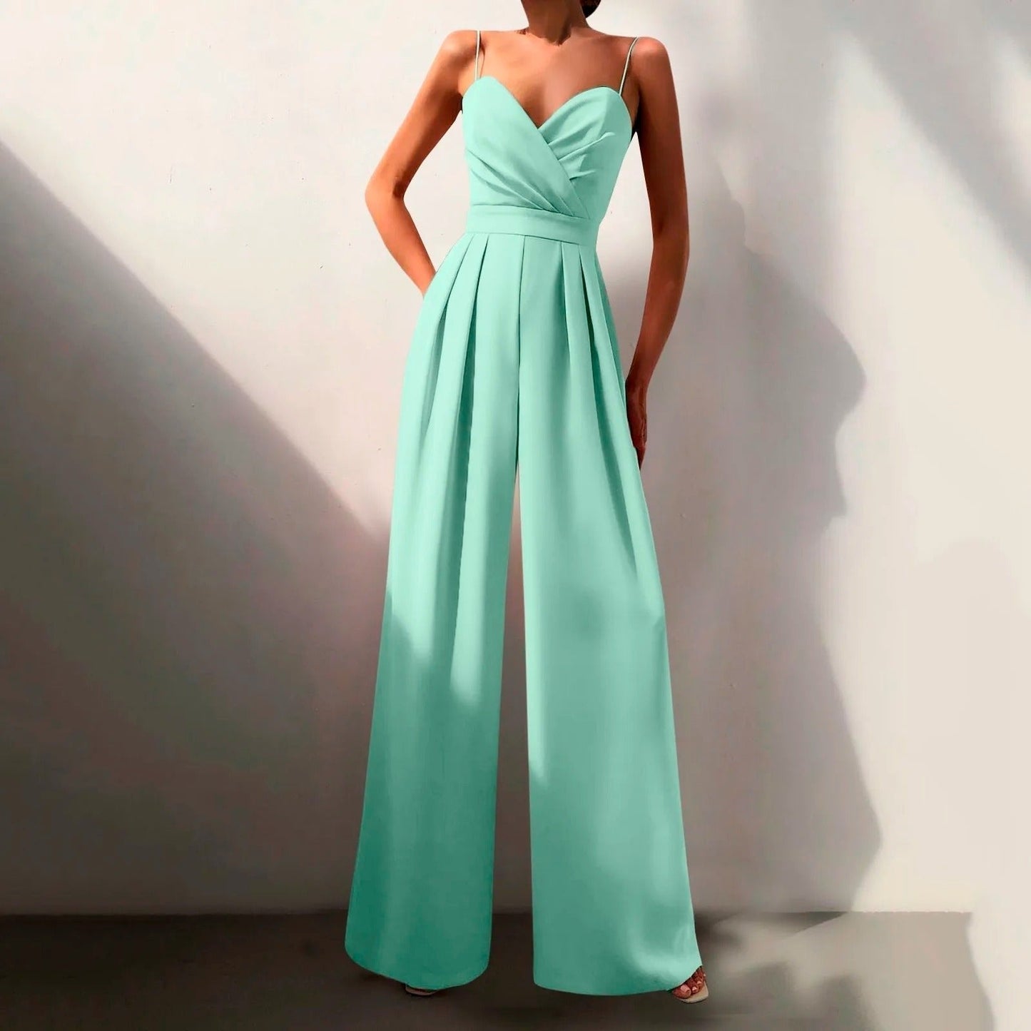 Elegant Wide Leg Jumpsuit for Women with Surplice V Neck Spaghetti Strap Pleated Formal Style