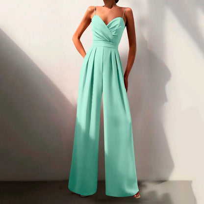 Elegant Wide Leg Jumpsuit for Women with Surplice V Neck Spaghetti Strap Pleated Formal Style