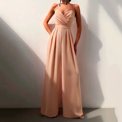 Elegant Wide Leg Jumpsuit for Women with Surplice V Neck Spaghetti Strap Pleated Formal Style