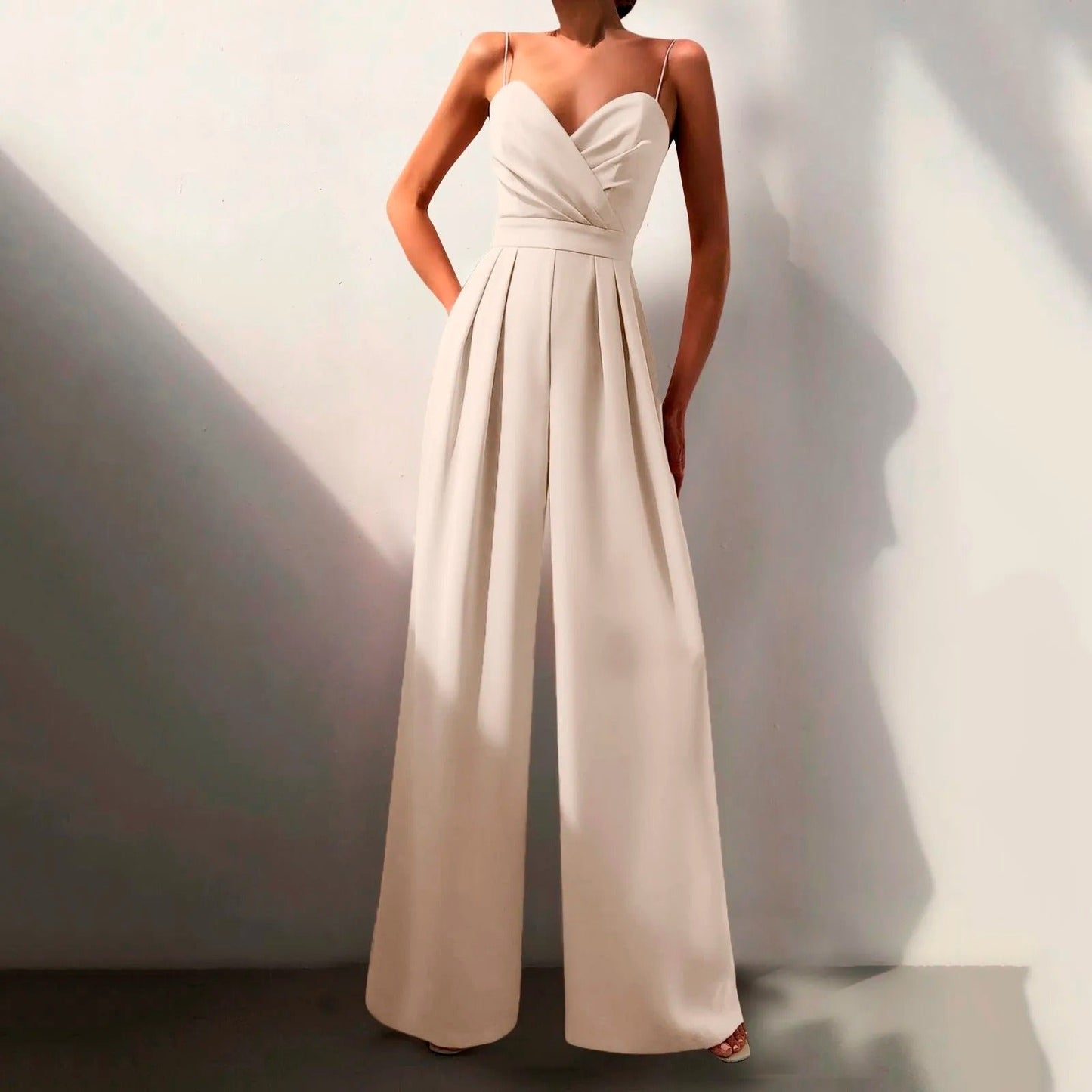 Elegant Wide Leg Jumpsuit for Women with Surplice V Neck Spaghetti Strap Pleated Formal Style