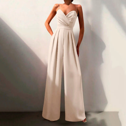 Elegant Wide Leg Jumpsuit for Women with Surplice V Neck Spaghetti Strap Pleated Formal Style