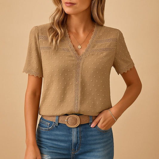 Effortless Swiss Dot Blouse for Women with V Neck Short Sleeve Scalloped Lace Trim Casual Style
