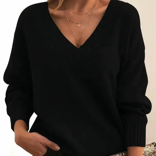 Comfortable Textured Knit Sweater for Women with V Neck Long Sleeve Ribbed Trim Oversized Style