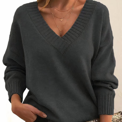 Comfortable Textured Knit Sweater for Women with V Neck Long Sleeve Ribbed Trim Oversized Style