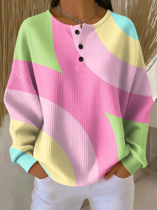 Comfortable Pink Colorblock Waffle Knit Top for Women with Henley Button Front Long Sleeve Oversized Relaxed Style