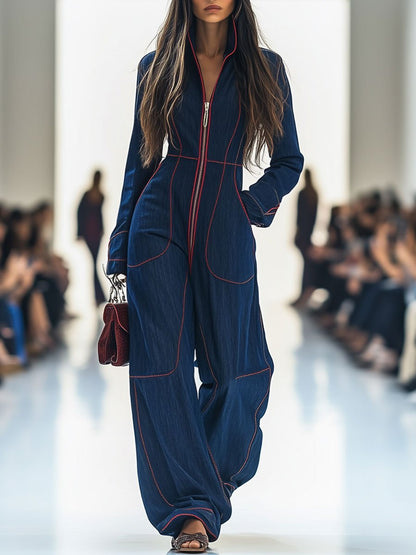 Elegant Dark Blue Denim Jumpsuit for Women with Mock Neck Long Sleeve Wide Leg Zip Front Style