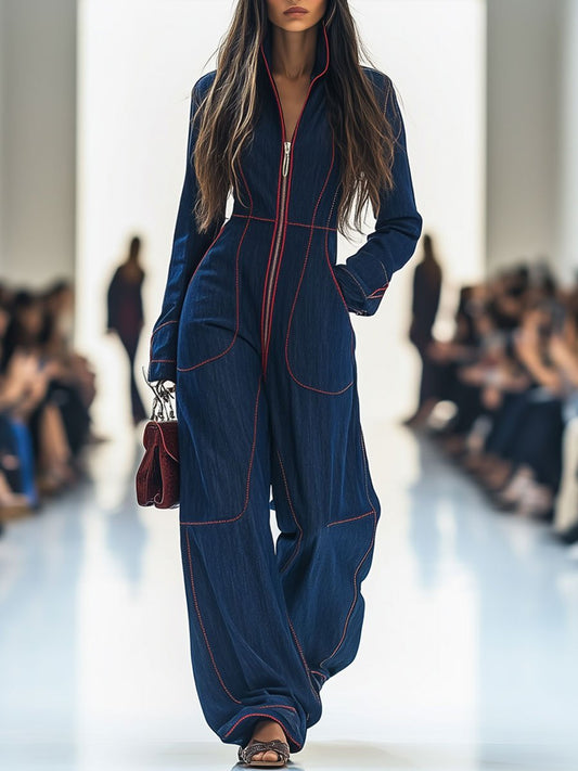 Elegant Dark Blue Denim Jumpsuit for Women with Mock Neck Long Sleeve Wide Leg Zip Front Style