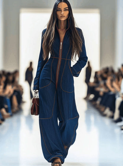 Elegant Dark Blue Denim Jumpsuit for Women with Mock Neck Long Sleeve Wide Leg Zip Front Style