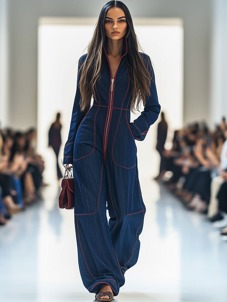 Elegant Dark Blue Denim Jumpsuit for Women with Mock Neck Long Sleeve Wide Leg Zip Front Style
