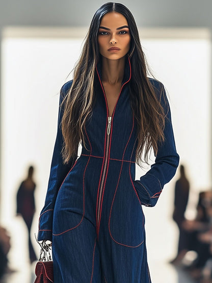 Elegant Dark Blue Denim Jumpsuit for Women with Mock Neck Long Sleeve Wide Leg Zip Front Style