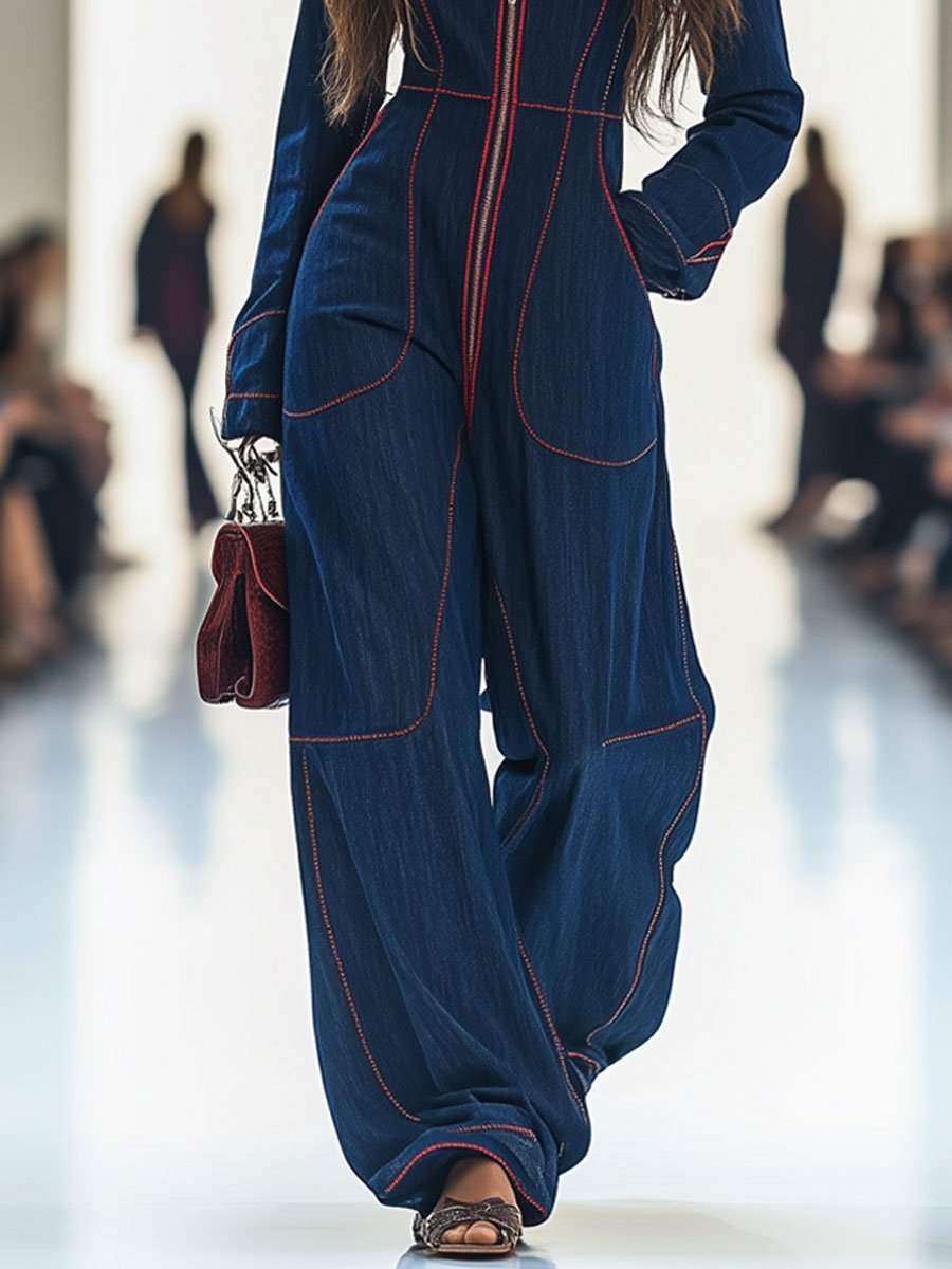 Elegant Dark Blue Denim Jumpsuit for Women with Mock Neck Long Sleeve Wide Leg Zip Front Style