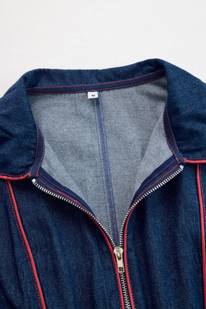 Elegant Dark Blue Denim Jumpsuit for Women with Mock Neck Long Sleeve Wide Leg Zip Front Style