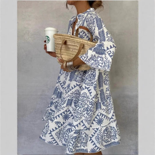 Effortless Boho Print Midi Dress for Women with Notch Neck Bell Sleeve Tiered Ruffle Flowing Style