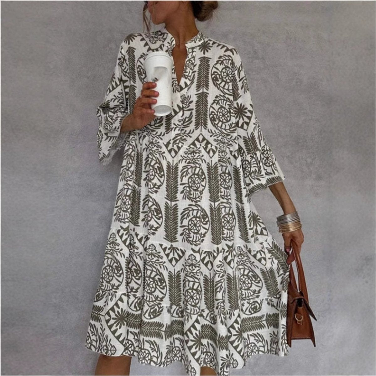 Effortless Boho Print Midi Dress for Women with Notch Neck Bell Sleeve Tiered Ruffle Flowing Style