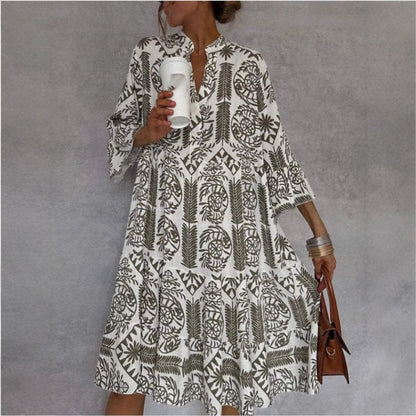 Effortless Boho Print Midi Dress for Women with Notch Neck Bell Sleeve Tiered Ruffle Flowing Style