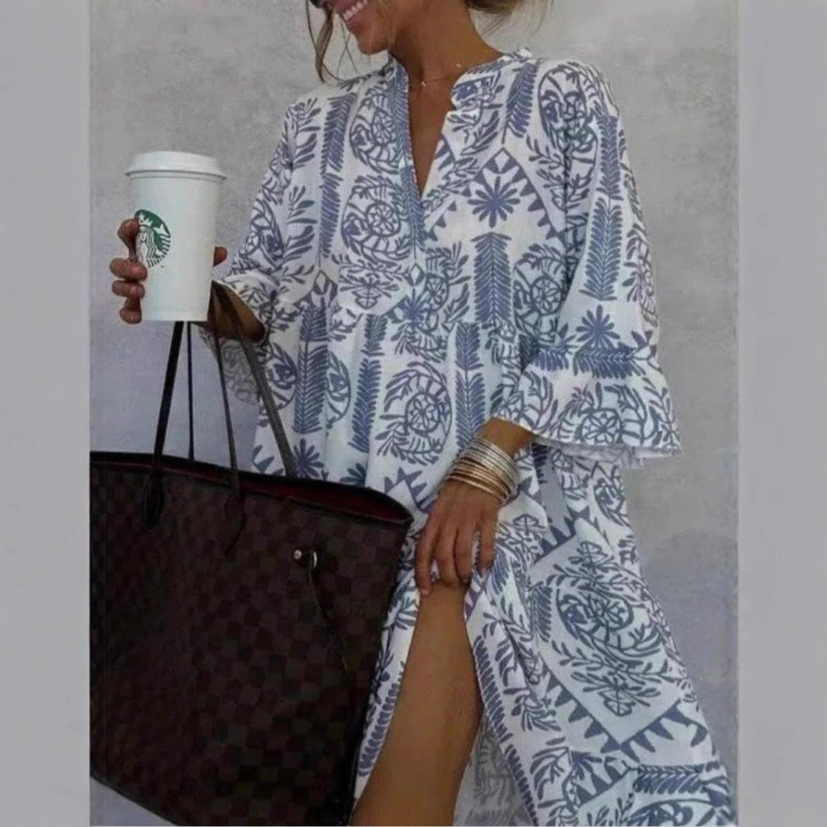 Effortless Boho Print Midi Dress for Women with Notch Neck Bell Sleeve Tiered Ruffle Flowing Style