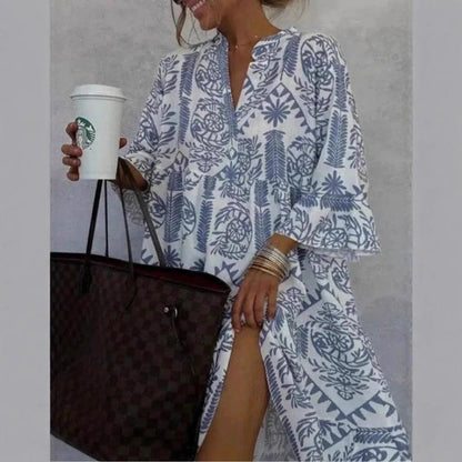 Effortless Boho Print Midi Dress for Women with Notch Neck Bell Sleeve Tiered Ruffle Flowing Style
