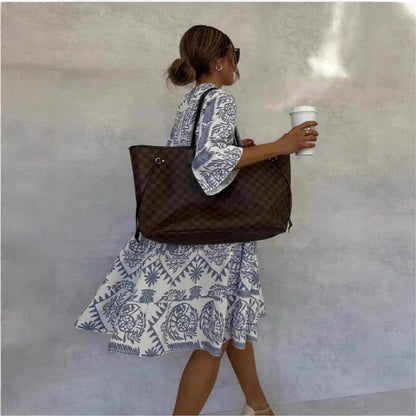 Effortless Boho Print Midi Dress for Women with Notch Neck Bell Sleeve Tiered Ruffle Flowing Style