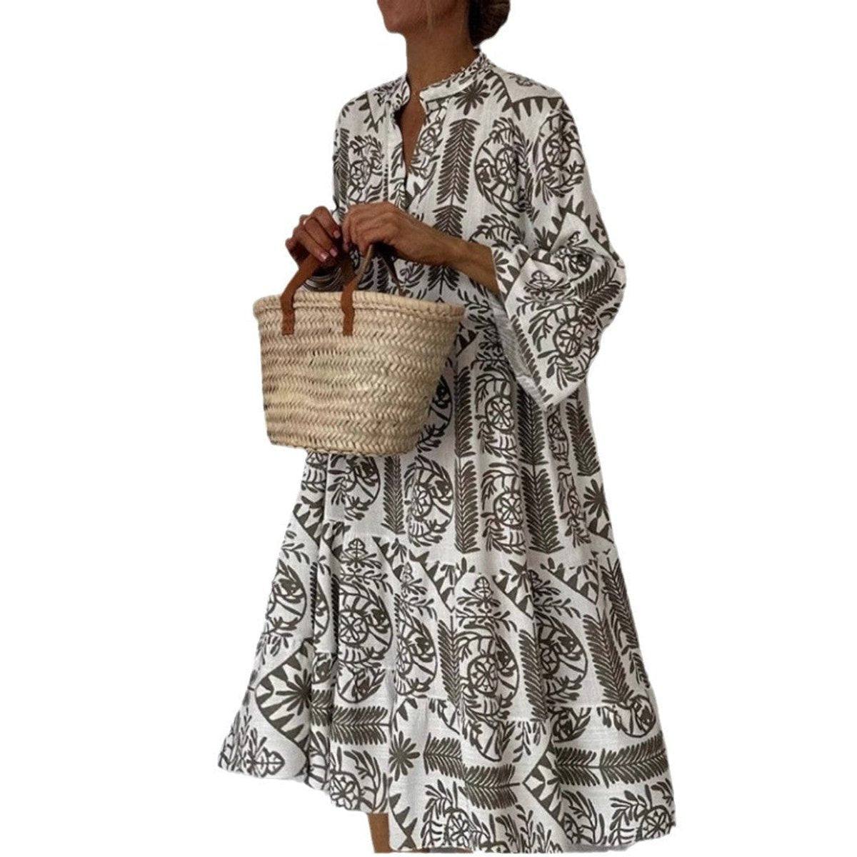 Effortless Boho Print Midi Dress for Women with Notch Neck Bell Sleeve Tiered Ruffle Flowing Style