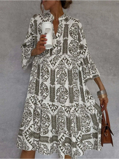 Effortless Boho Print Midi Dress for Women with Notch Neck Bell Sleeve Tiered Ruffle Flowing Style