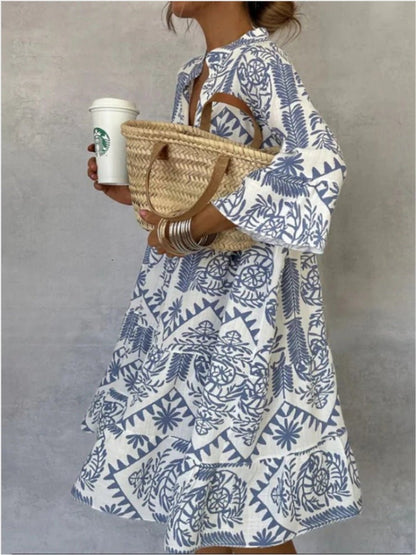 Effortless Boho Print Midi Dress for Women with Notch Neck Bell Sleeve Tiered Ruffle Flowing Style