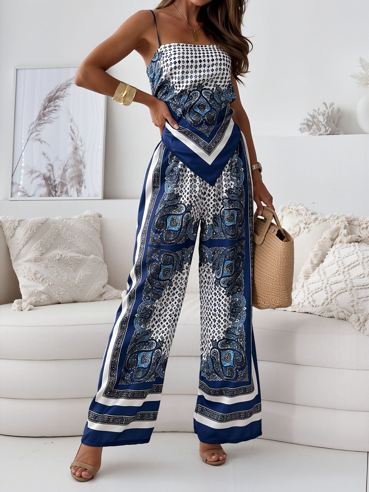 Effortless Paisley Print Jumpsuit for Women with Square Neck Spaghetti Strap Open Back Wide Leg Bohemian Style