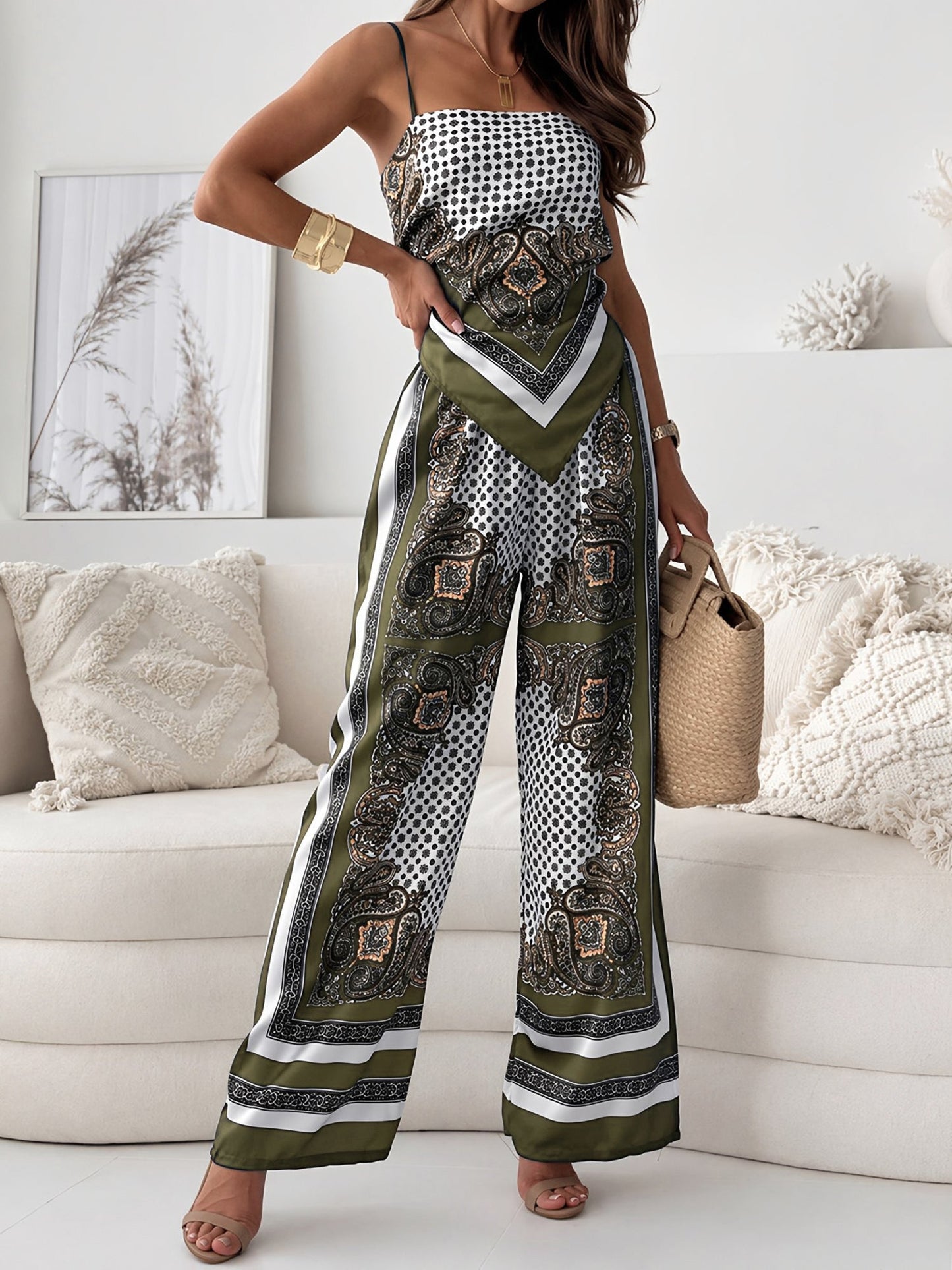 Effortless Paisley Print Jumpsuit for Women with Square Neck Spaghetti Strap Open Back Wide Leg Bohemian Style