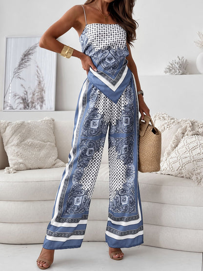 Effortless Paisley Print Jumpsuit for Women with Square Neck Spaghetti Strap Open Back Wide Leg Bohemian Style