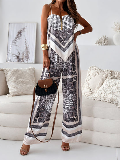 Effortless Paisley Print Jumpsuit for Women with Square Neck Spaghetti Strap Open Back Wide Leg Bohemian Style