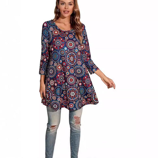 Effortless Medallion Print Tunic Top for Women with Round Neck Three Quarter Sleeve Flowy Swing Boho Style
